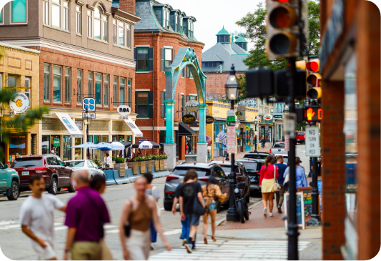 People exploring downtown Portsmouth, New Hampshire