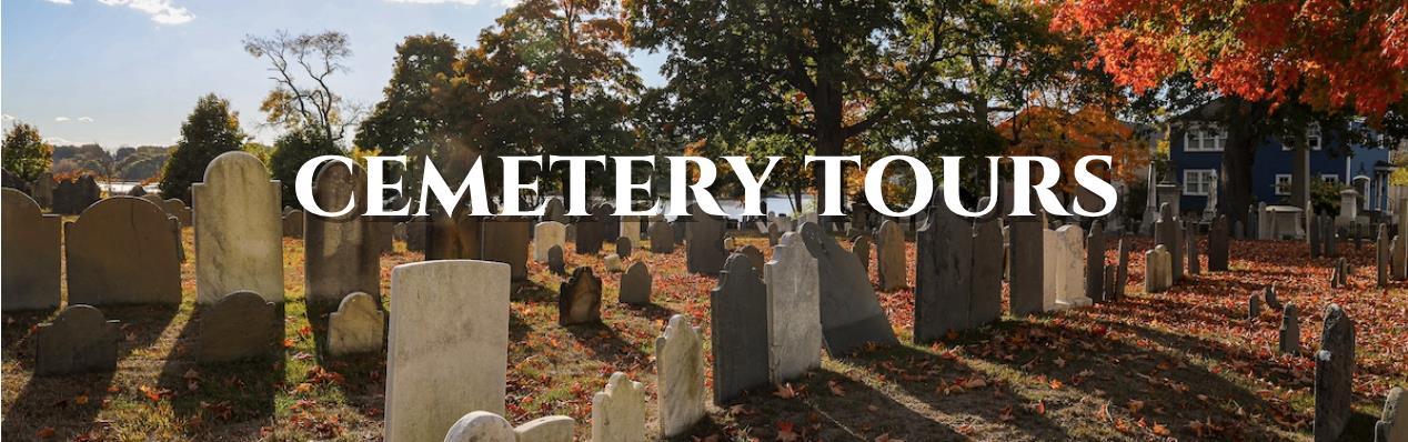 Historic cemetery in autumn with Cemetery Tours lettering